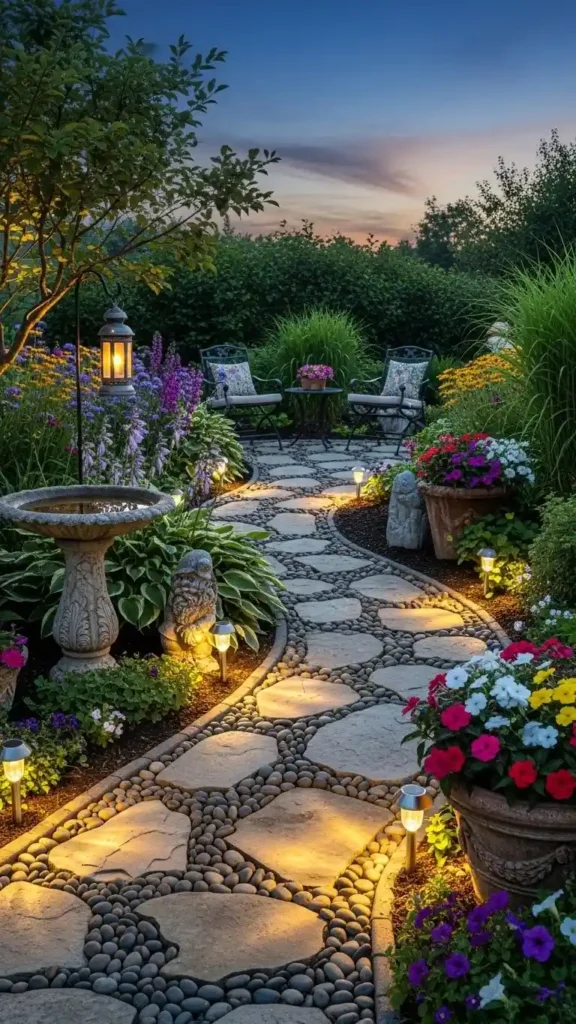 garden-pathway-decor-with-stones-and-lights